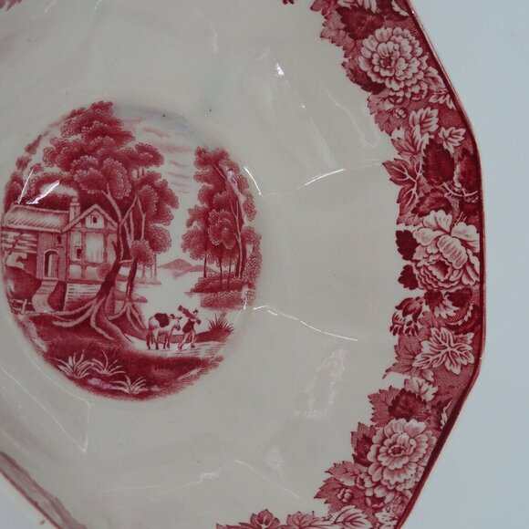 Enoch Woods English Scenery 6.9in Floral Countryside Woodsware Red Bowl England - Picture 7 of 12